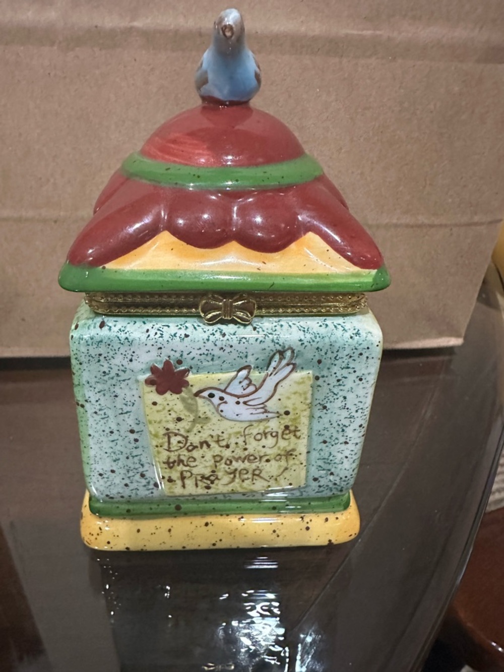 Ceramic Prayer Box - Square Hinged Trinket Box 4 3/8” tall
